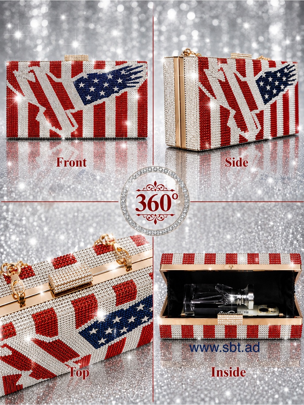 NWT Beautiful Sparkling Bling Swarovski Crystal American Flag Clutch Pur… - Picture 10 of 16
